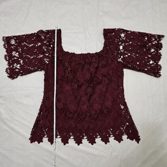 Astars Top Womens XS Burgundy Lace Lined Off Shoulder Floral Stretch Coquette - Picture 6 of 10